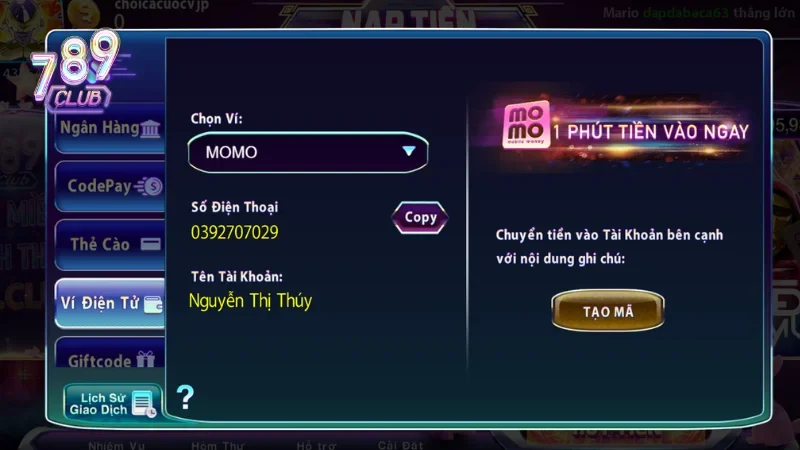 Khi nạp tiền chơi xóc đĩa online uy tín 789Club sẽ được thưởng