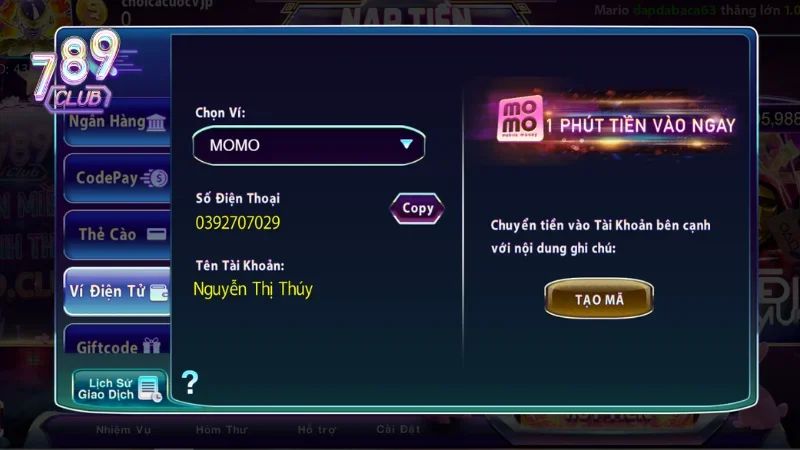 Gần đây nạp tiền 789Club qua momo cũng được ưa chuộng